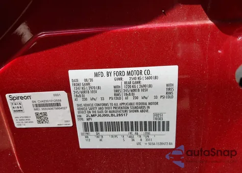 2020 Lincoln Nautilus Standard z USA, uszkodzony, nr VIN 2LMPJ6J90LBL28517